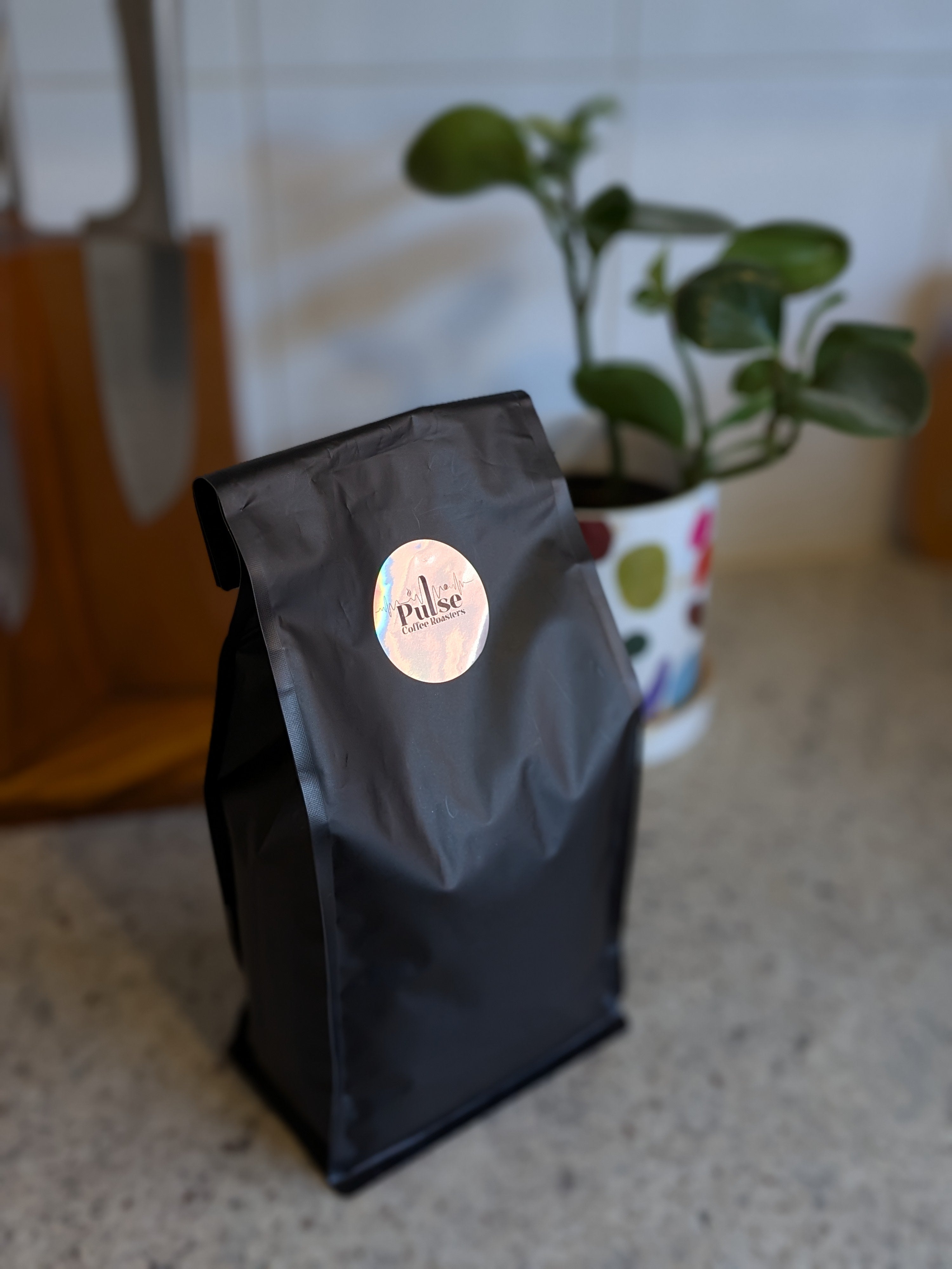 Black coffee bag with a label on a countertop with a plant in the background